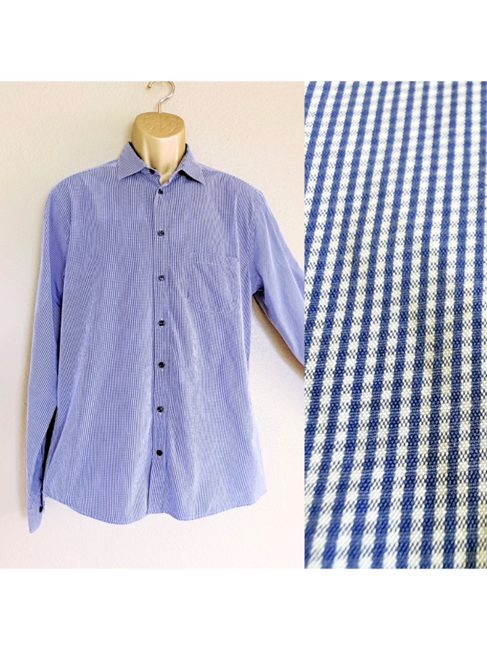 Eton Men's Super Slim Fit Blue Micro-Check Gingham Dress Shirt Sz L 41/16